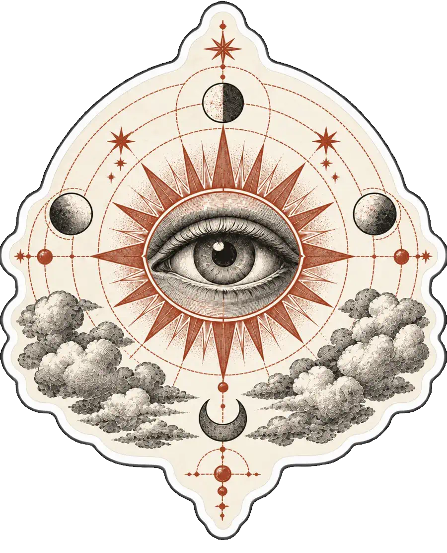 Emblema circular: un ojo que todo lo ve en el centro de un sol radiante, con fases lunares y lunas craterizadas alrededor